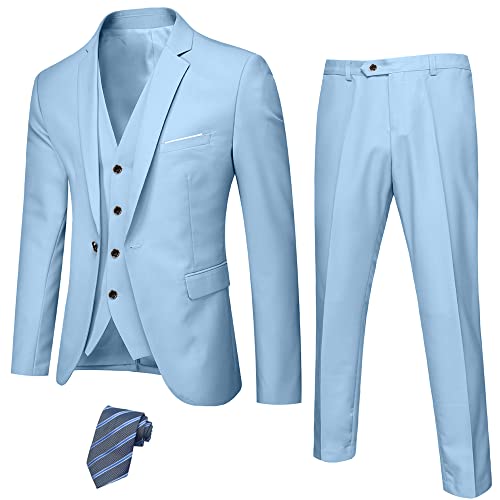 YND Men's Slim Fit 3 Piece Suit Set with Stretch Fabric, One Button Blazer Vest Pants, Solid Party Wedding Dress, Jacket Waistcoat and Trousers with Tie Sky